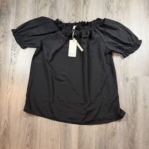 Evaless Blouse Womens 2X Black Off Shoulder Puff Sleeve Tunic Top Ruffle